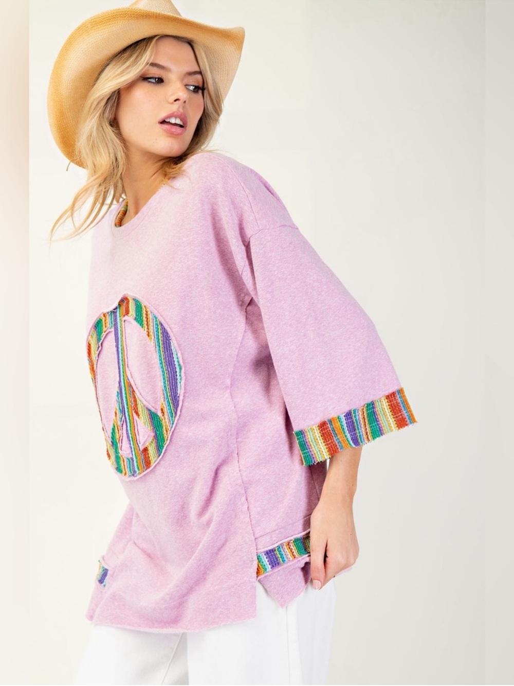 🆕 | easel | Lavender Pink Oversized Peace Sign Top with Multicolor Trim
